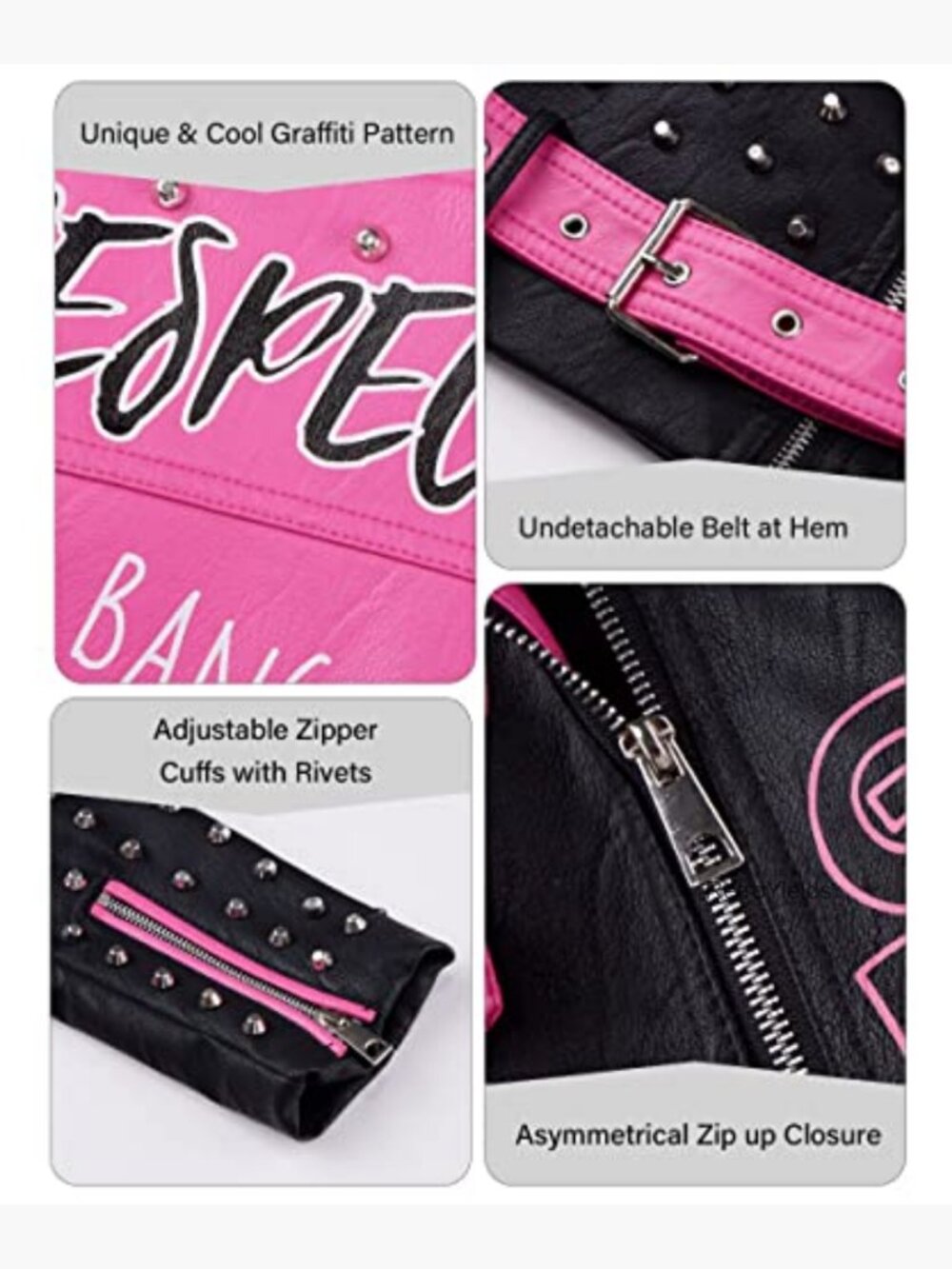 Studded Faux Leather Moto Jacket Belted Windbreaker Streetwear - Picture 4 of 7